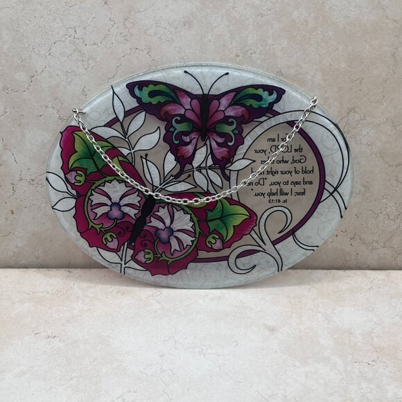 Joan Baker Designs Vintage Hand Painted Sun Catcher Butterflies Oval Scripture - Picture 9 of 10